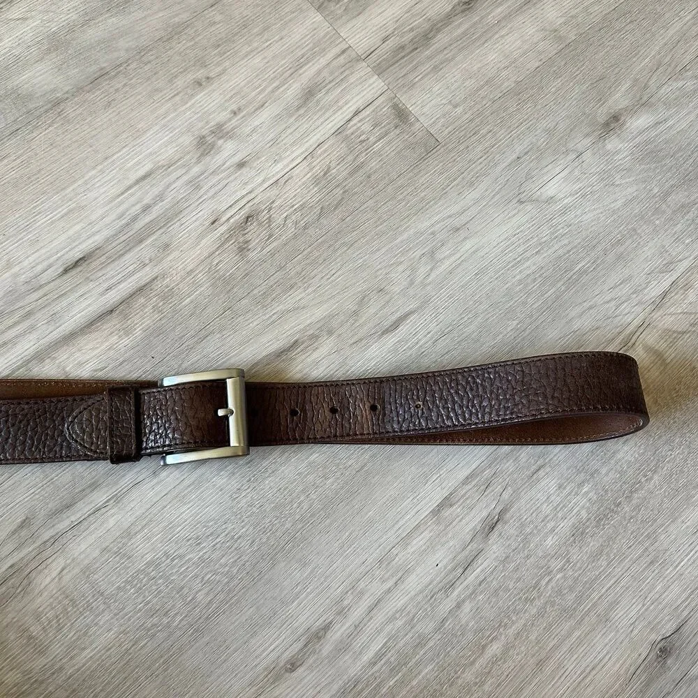 Dark Brown Men's Textured Genuine Leather Belt with Heavy Silver Buckle Size 44